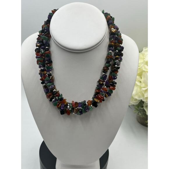 Sterling Silver 925 Multi-Strand Semiprecious Chip Bead Necklace 18” Gemstone - Picture 12 of 12